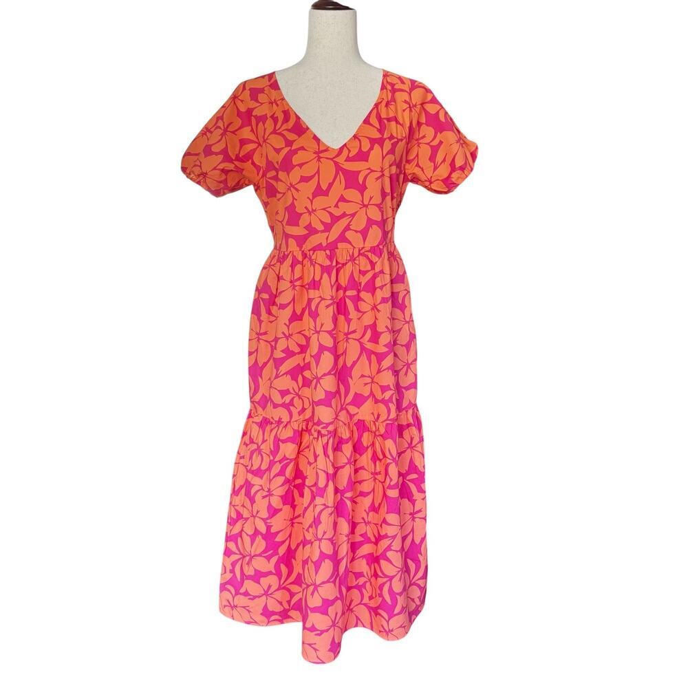 J Crew Dress Womens 4 Pink Orange Floral V Neck Puff Sleeve Tiered Midi Pockets